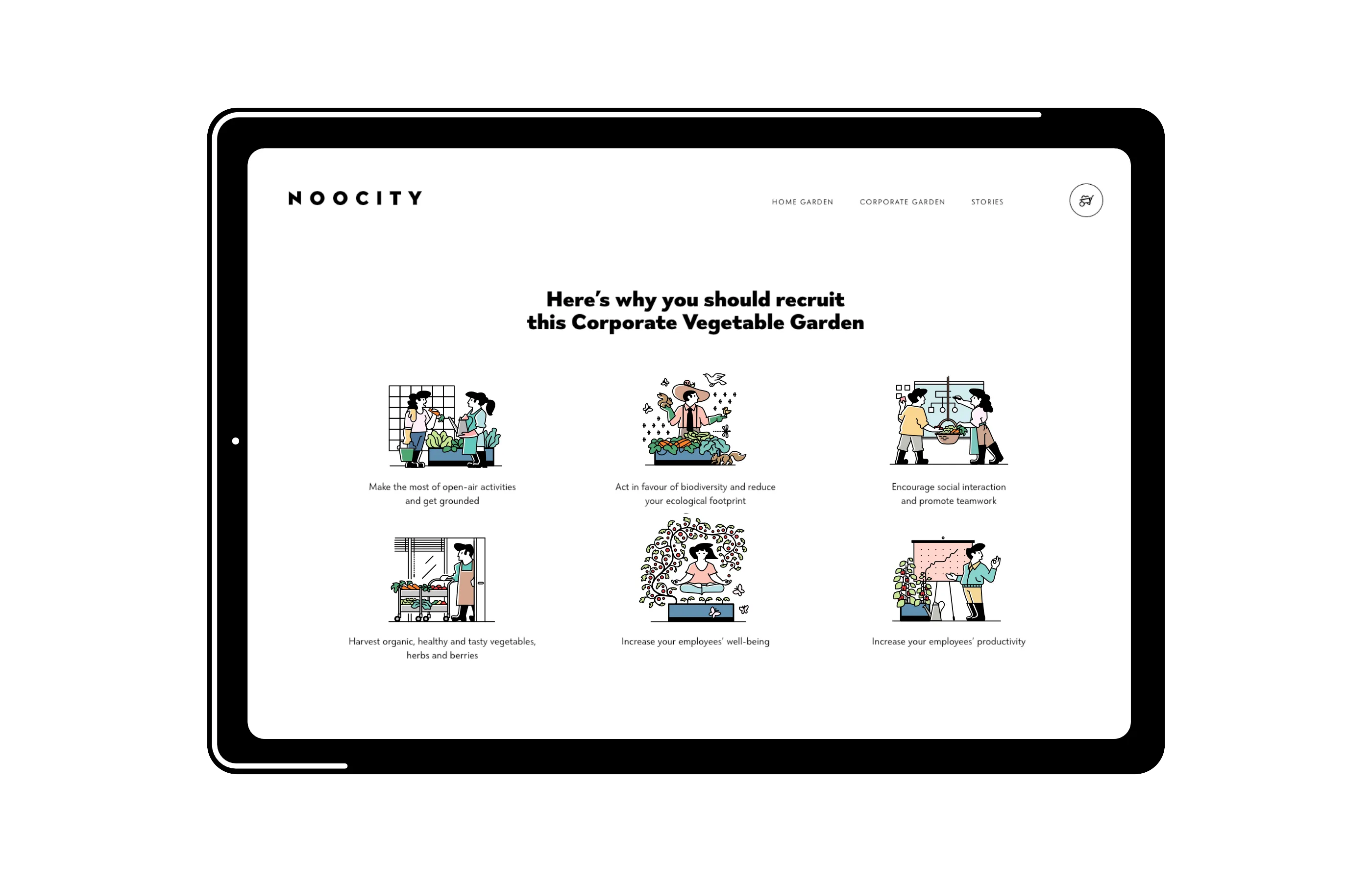 Noocity illustrations used in various brand touchpoints.