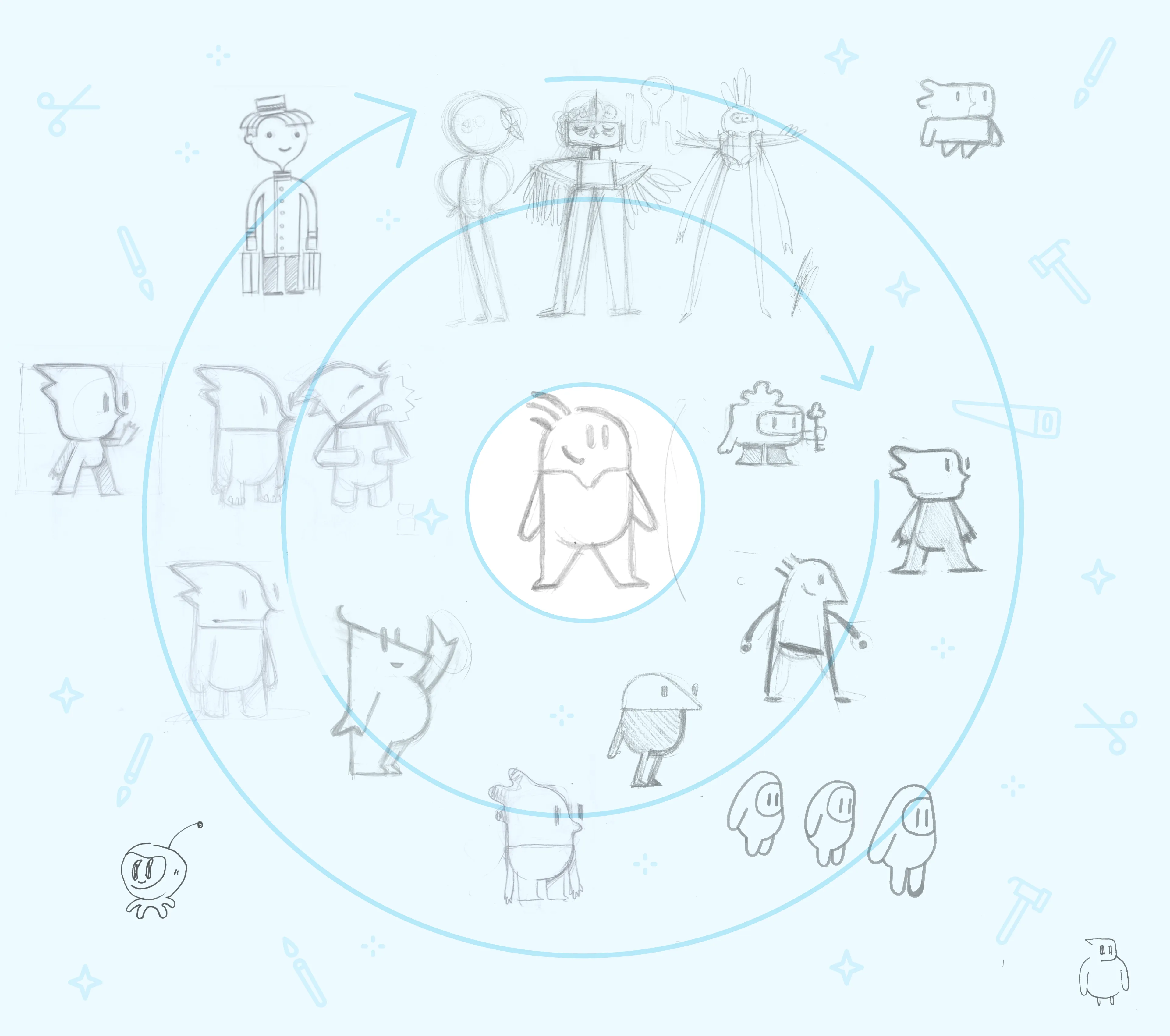 Concept exploration showing dozens of mascot directions before arriving at the final character